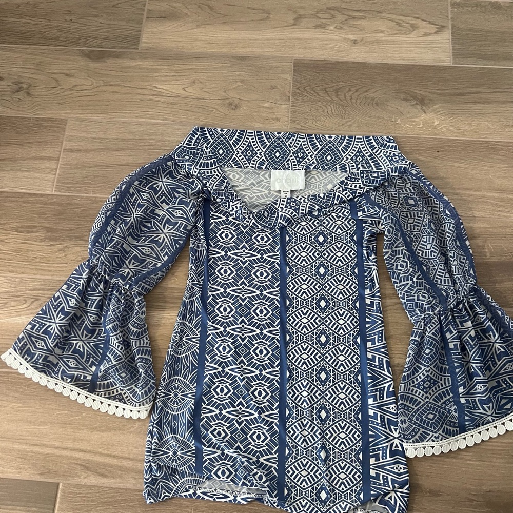Analili XS Blue White Geometric Off the Shoulder Bell Sleeve Top Pom Pom Edge